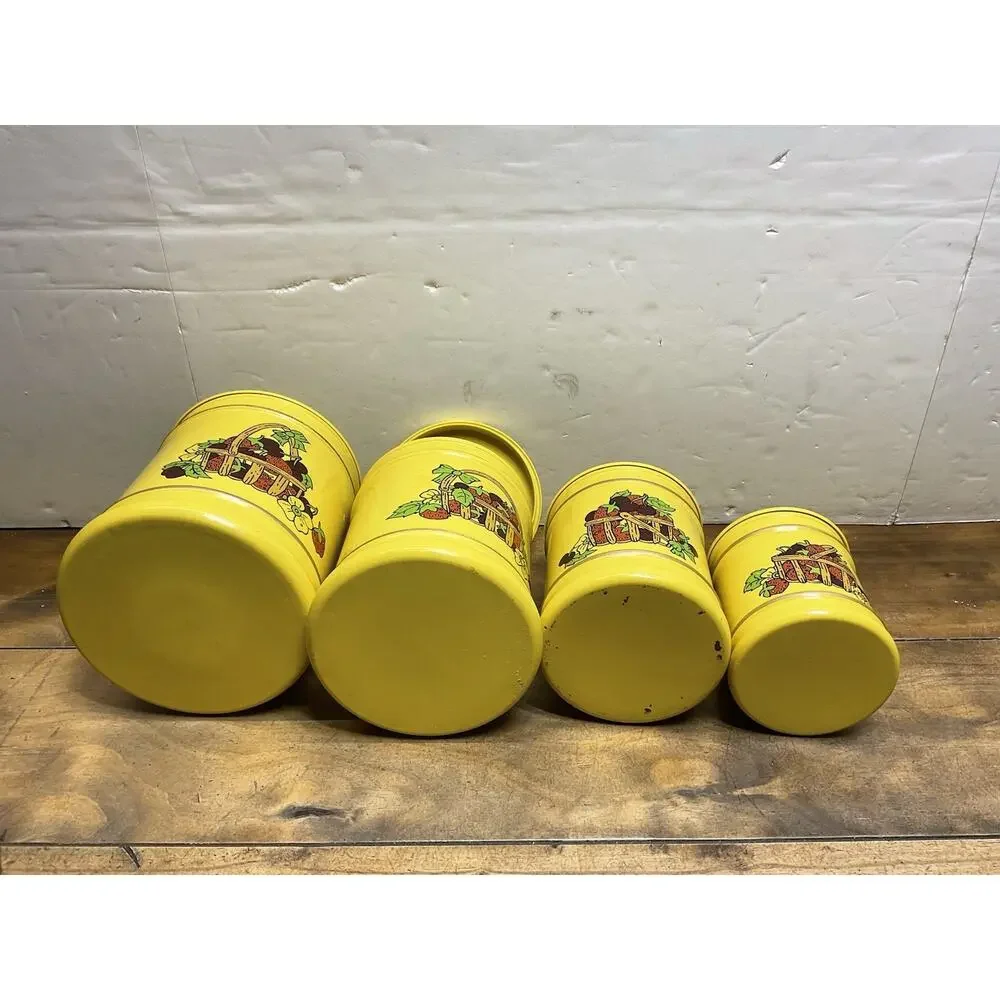 Vtg 70s Kromex Yellow Fruit Basket Aluminum Kitchen Canister Set